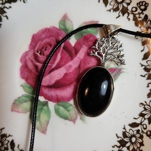 Sleek, New, Natural Blk Onyx Cabochon Pendant With 1.5mm Blk Waxed Woven Cord.